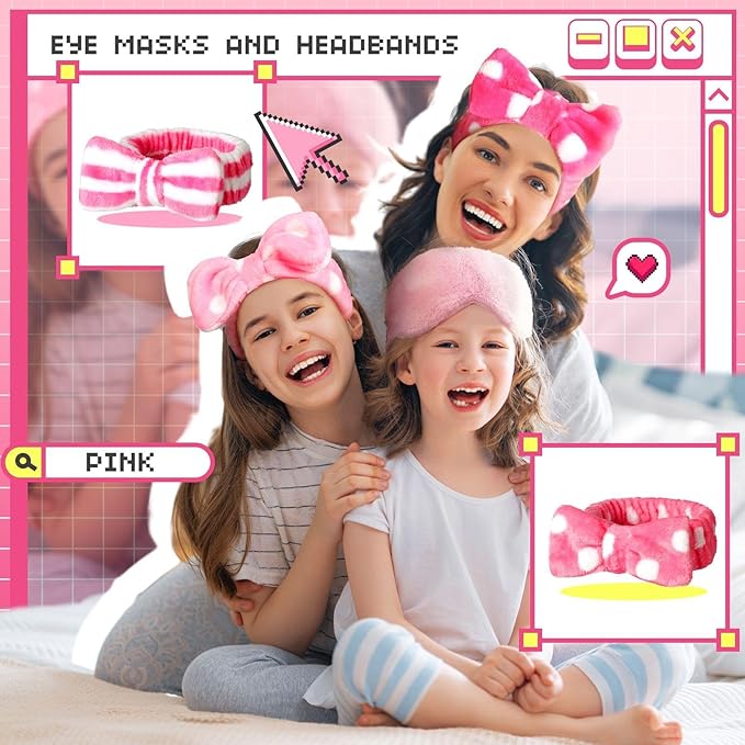 Newcotte Sleepover Party Supplies for Girls, 24 Pcs Includes Plush Sleep Eye Mask and Bow Hair Band, Fur Face Wash Headband Faux Fur Mask for Women (Cute Style)