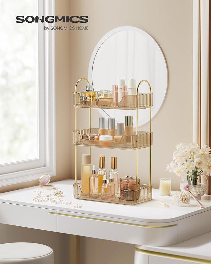 SONGMICS Makeup Organizer, 3-Tier Skincare Organizer Countertop, Customizable, 2 Types of Accessories, Jewelry Holder, for Vanity, Bedroom, Bathroom, Champagne Gold UJKA013A01