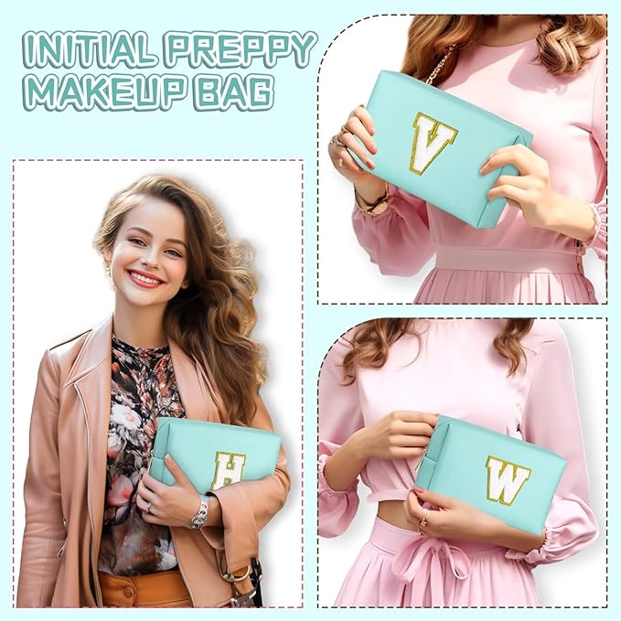 TOPEAST Preppy Makeup Bag, Cute Makeup Pouch PU Leather Waterproof Cosmetic Bag, Personalized Birthday Gifts for Mom Teacher Friends Bridesmaids Nurse, Trendy Stuff for Girls (Blue I)