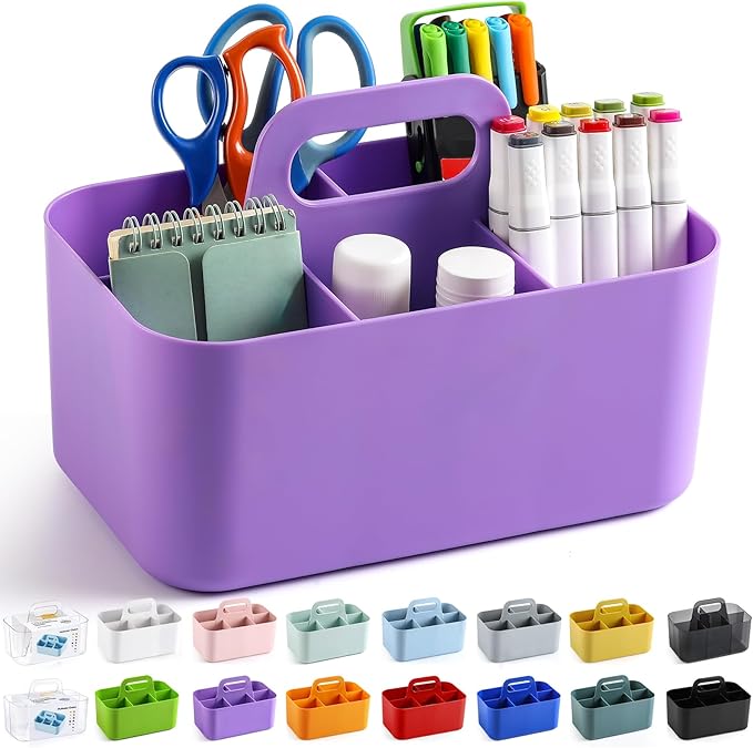 Multiuse Caddy Organizer with Handle, Stackable Plastic Tote Bin - Art Craft Supplies, Office, Desk, Stationery Pen Holder, Kitchen, Utensil, Makeup, Bathroom, Shower, Cleaning, Dorm Organizer, Purple