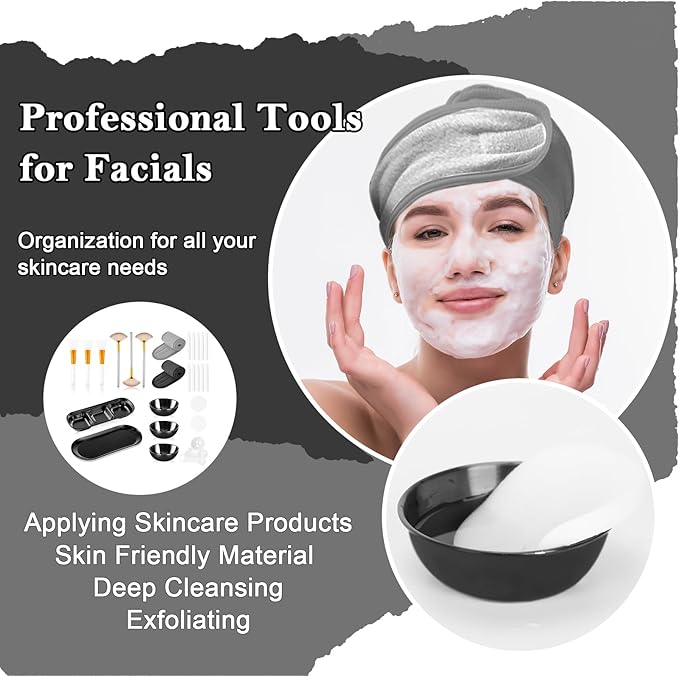 28 Black Facial Supplies 3 Facial Mask Mixing Bowls 3 Facial Fan Brushes 3 Mask Applicator Brushes 3 Mask Measuring Spoons Skincare Tray 3-Compartment Serving Tray 12 Facial Sponges 2 Spa Headbands