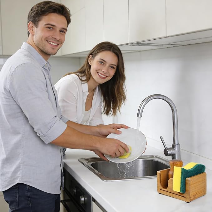 HTB Sponge Holder for Kitchen Sink,Teak Wood Dish Sponge Caddy Rack Tray Stand with Drain,Kitchen Sink Storage Organizer Countertop