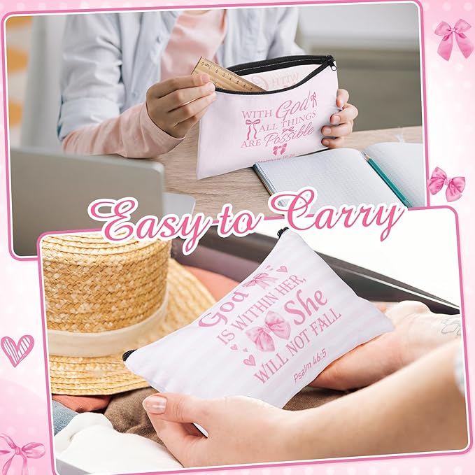 Reginary 20 Pieces Pink Christian Cosmetic Bag for Women Religious Bible Verse Makeup Bags with Zipper Toiletry Bag Pouch Travel Accessory Organizer Gifts, 7 x 4.3 Inches