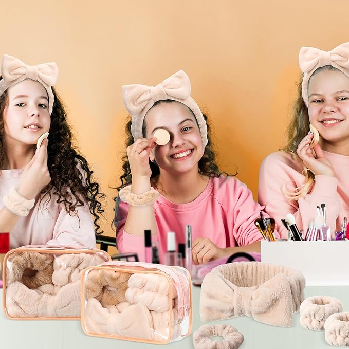 Hoteam 10 Pcs Galentine Spa Party Supplies Valentine Gift Set Sleepover Party Favor Spa Headband Wristband Sleep Eye Mask Velvet Scrunchies for Skin Care Makeup Slumber Night Favor(Khaki)
