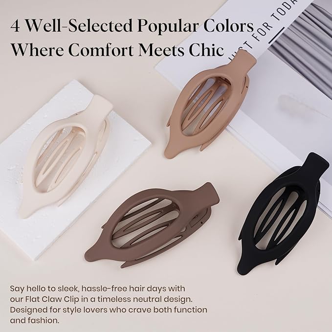 4 PCS Large Flat Hair Clips for Women Girls, French Concord Lay Down Flat Claw Clips for Thick Thin Hair, Comfortable Curved Flat Clip, Matte Non-slip Strong Hold Hair Accessories, Neutral