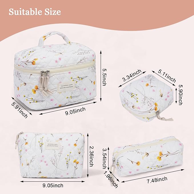 VIWIME Makeup Cosmetic Bag, Large Cotton Quilted Travel Coquette Aesthetic Cute Floral Make up Bag for Women Toiletry Bag Organizer (303-LongYellow)