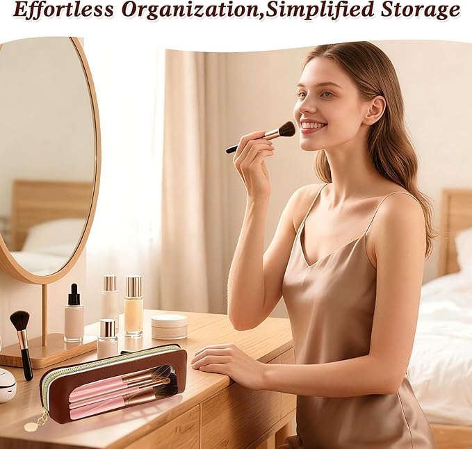 2Pcs Small Makeup Brush Bag Toiletry Bag PU Leather Clear Cosmetic Bags Makeup Bags for Women Portable Waterproof Makeup Brush Holder Slim Cosmetic Pouch Travel Pouch with Zipper (Black& Brown)