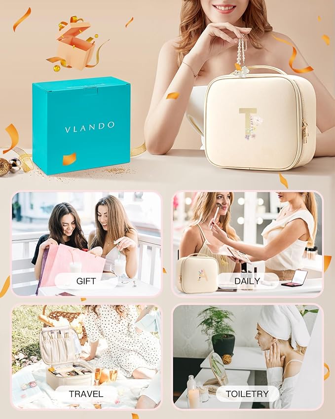 Vlando Mother Day Gift,Initial A-Z Makeup Travel Bag, Personalized Gifts for Friendship Bridesmaid Thank You Teacher(Letter T