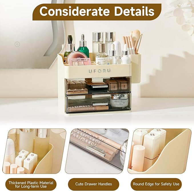 Makeup Organizer for Vanity with Brush Holder, Countertop Skincare Organizer with 2 Drawers, Spacious Cosmetic Display Case for Perfumes, Eyeshadow Palettes, Nail Polishes