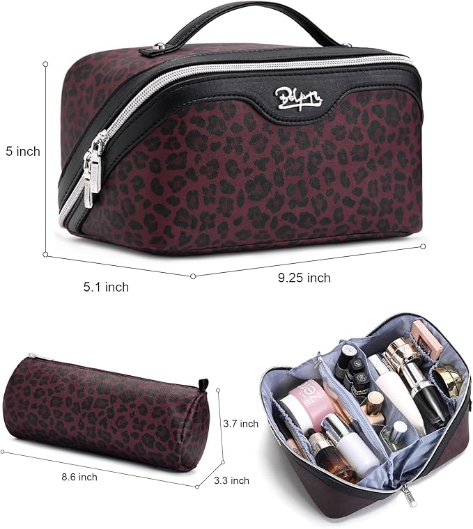 BOYATU Travel Makeup Bag for Women: 3 Pcs Set Portable Make up Bags with Handle - Leopard Print Cosmetic Bags with Comparments - Waterproof Vegan Leather Toiletry Bag (10-Red)