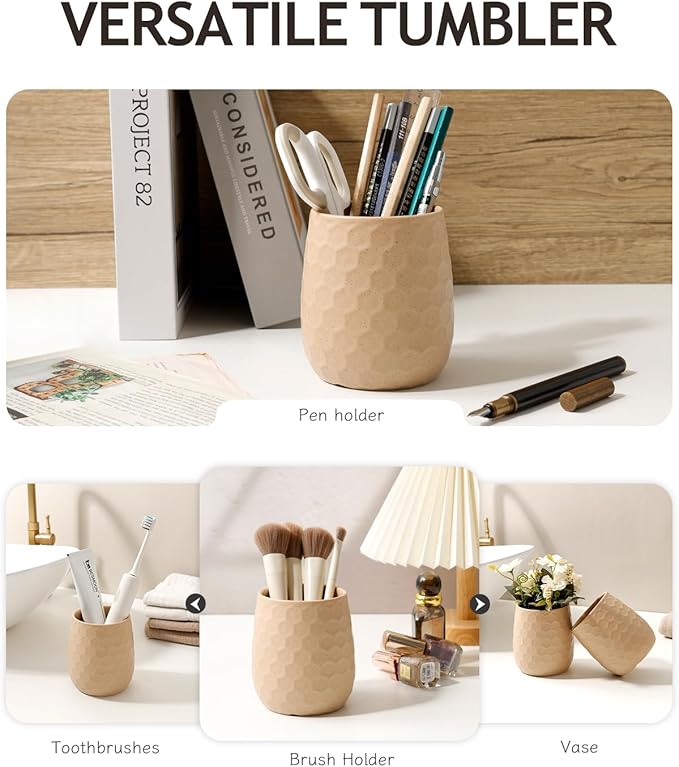 Toothbrush Holder, Tooth Brush Holder for Bathroom - Ceramic Toothbrush Cup Toothbrush Holders Countertop, Khaki Makeup Brush Holder Pen Holder, 3.62" x 3.62" x 3.93", ANTIS'S HOME