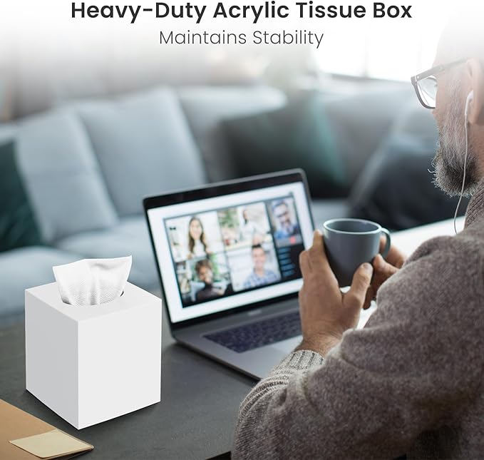 Tissue Box Cover, Square Modern Facial Acrylic Tissue Holder Napkin Dispenser Accessories for Bathroom Vanity Countertop,Bedroom Dresser,Night Stand,Desk,Office (White)