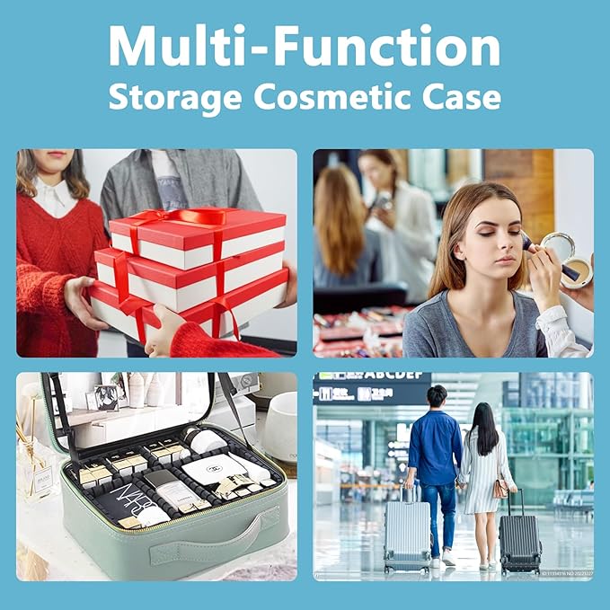 Travel Makeup Bag for Makeup Artists Large Makeup Case,with Mirror 3 Color Setting and Detachable 10x Magnifying Mirror Travel Makeup Bag,Portable Storage and Adjustable Dividers(blue)