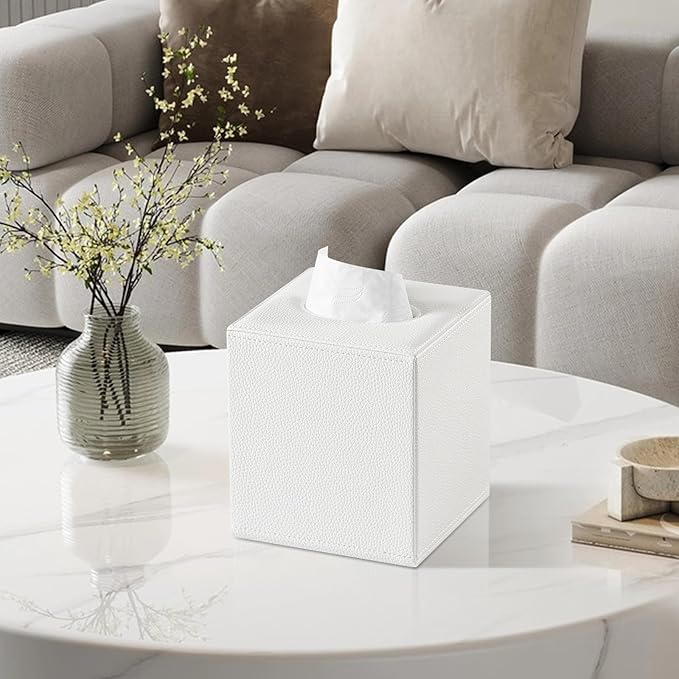 JLAMBOM PU Leather Tissue Box Cover Square Tissue Box Holder with Magnetic Closure, Decorative Tissue Holder for Bathroom Bedroom Office (White)