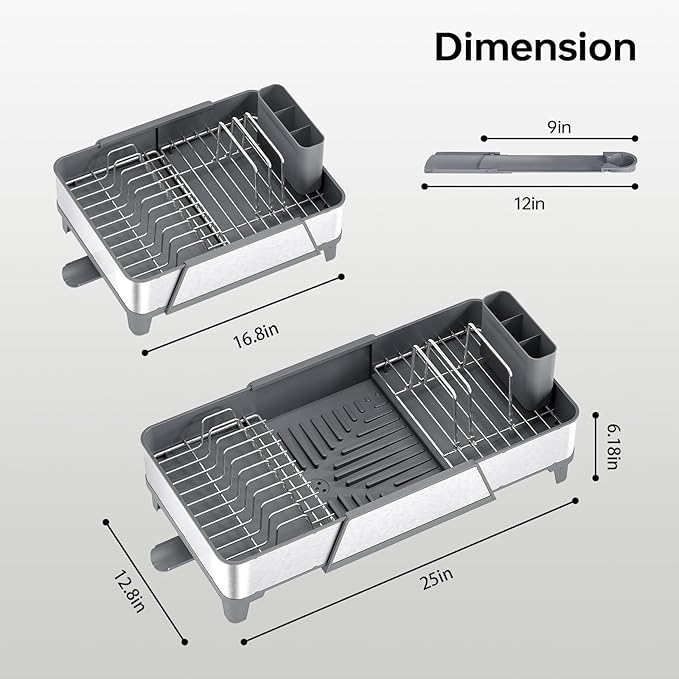 Large Dish Drying Rack - Triple Expandable Dish Rack for Kitchen Counter, Stainless Steel Sink Organization and Storage Essentials with Utensil & Pans Holder for Home and Appartment, Gray
