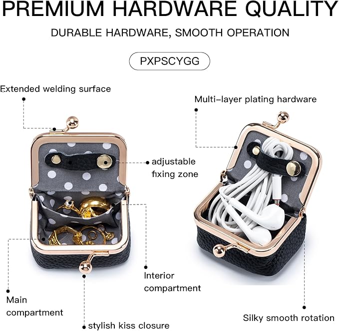 Genuine Leather Mini Jewelry Box - Vintage-Inspired Travel Jewelry Organizer with Kiss Lock, Compact Ring Box for Women, Perfect for Earrings, Rings, Necklaces, Bracelets - Ideal Gift for Her (Black)
