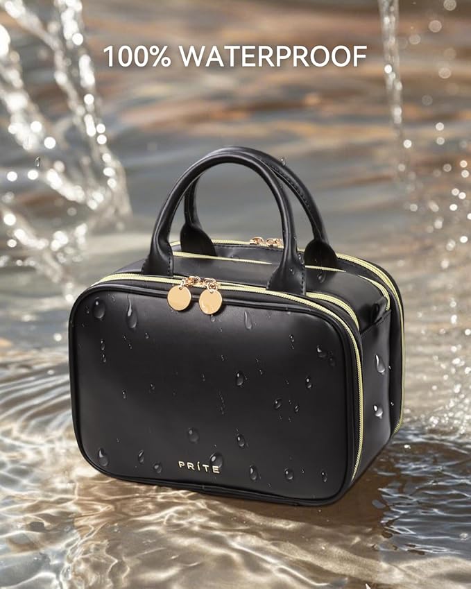 Prite Makeup Bag for Women, Large Capacity Waterproof Travel Cosmetic Organizer, Portable Open Flat Toiletry Bag with Free-standing Brush Holder and Handle(Black Medium)