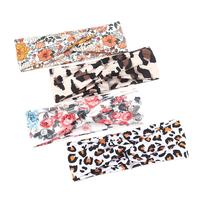 DRESHOW 4 Pack Boho Non-Slip Headbands for Women Girls Yoga Workout Running Knotted Turban Floral Elastic Head Wrap