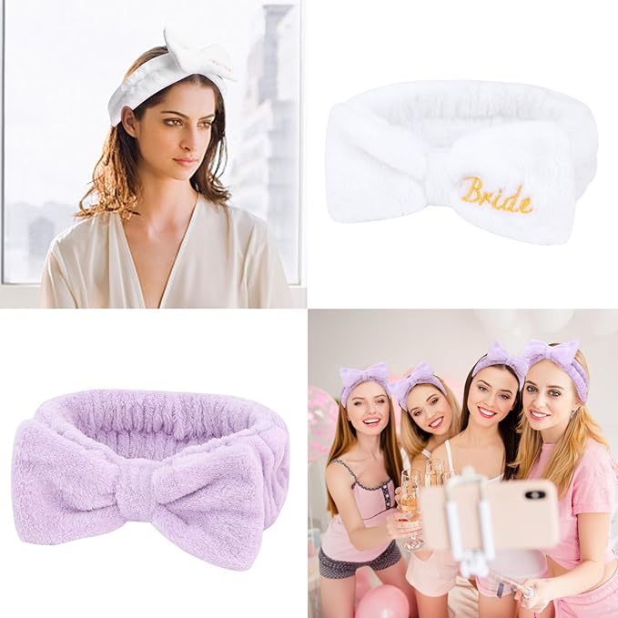 CIEHER 8 Pack White & Purple Spa Headband for Bachelorette Party Favors, Bride Bridesmaid, Bachelorette Gifts for Bride Skincare Makeup Headbands Face Wash Headbands