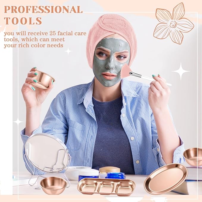 LemonRoad 25 Pcs Esthetician Facial Supplies Set, 3 Stainless Steel Mixing Bowls, 2 Serving Trays, 6 Brushes, 2 Hairbands, 12 Compressed Sponges for Women Facial Mask Spa Home Use(Rose Gold)