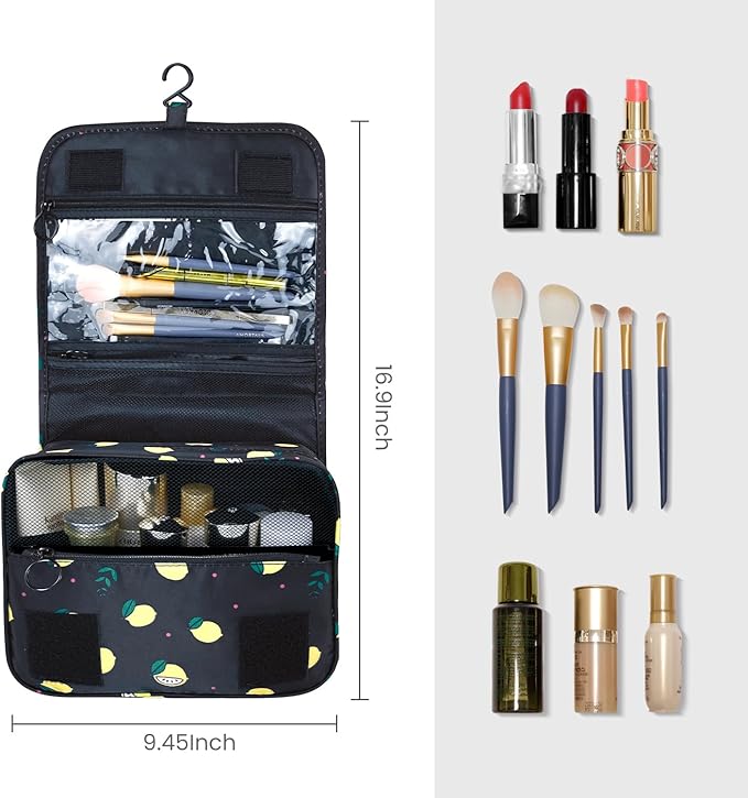 Large Capacity Toiletry Bag Travel Bag with Hanging Hook for Men and Women Waterproof Travel Cosmetic Bag Bathroom Storage Bag for Brushes Set,Full-Sized Shampoo,Accessories-Grey Lemon