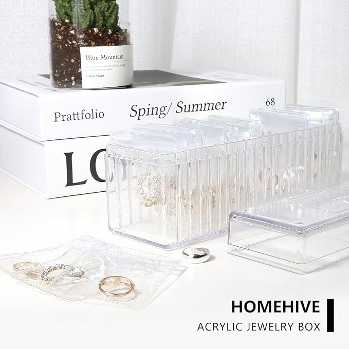 Acrylic Jewelry Box Organizer, Clear Jewelry Organizer and Storage with 20 Portable Anti Tarnish Jewelry bags, Travel Jewelry Case for Earrings/Rings/Necklaces Gifts for Women Girls, Clear