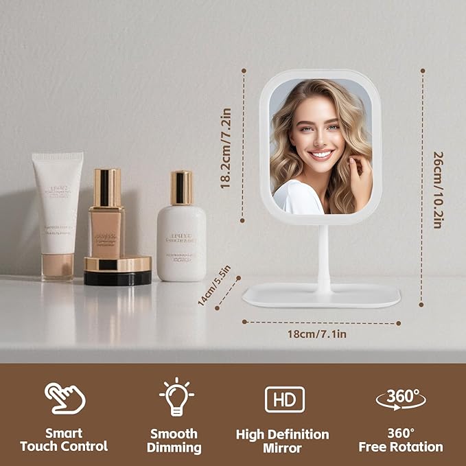 Touch-Sensitive Controls Vanity mirrorr, Makeup Mirror with LED Light, 2400mAh Rechargeable, 270-degree Rotation Adjustment,Beauty Vanity Mirror with Lights, Portable Travel, White, 3 Light Color