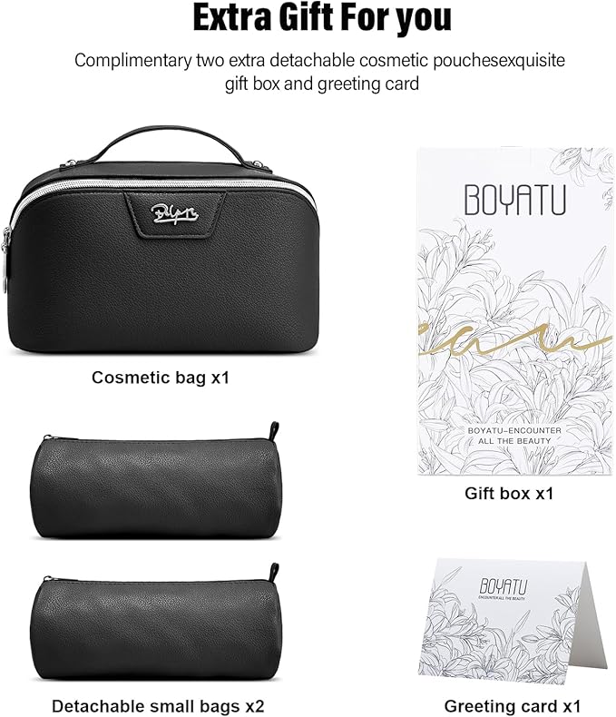 BOYATU Travel Makeup Bag Cosmetic Bags for Women: Large Capacity 3 Pcs Set Make up Bag with Compartments - Waterproof Vegan Leather Toiletry Organizer Bags with Handle (N-67Black)