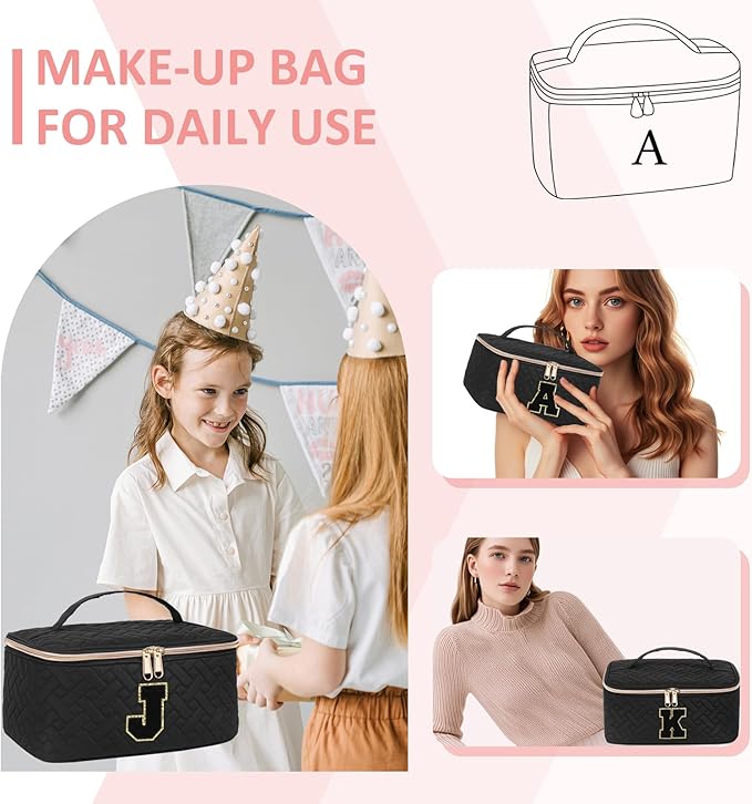 Gifts Initial Makeup Organizer Bag for Girls, Chenille Letter Personalized Cosmetic Bag with Zipper | Preppy Quilted Portable Makeup Pouch Teen Birthday Gifts (T, Balck)
