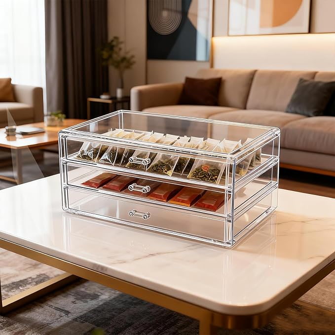 Acrylic Drawers Stackable Clear, 9.3 X 5.3 X 4 Inch Stackable Makeup Organizer Acrylic 3 Drawer Storage Organizers Clear Stationery Organizer for Dresser, Bathroom, Vanity, Countertop