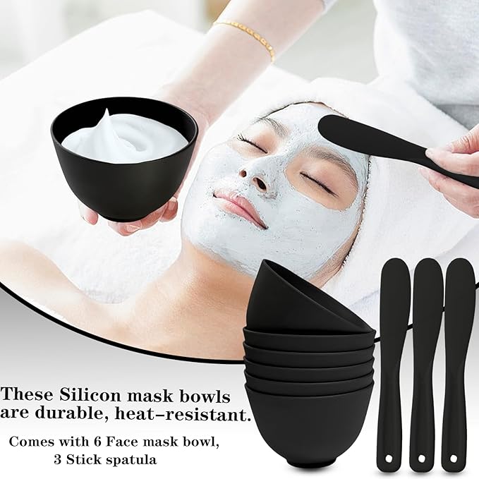 9Pcs Silicone Facial Mask Bowl DIY Face Mask Mixing Bowl for Facials Home Salon Spa Skin Applicator Bowl with Stir Sticks, Black