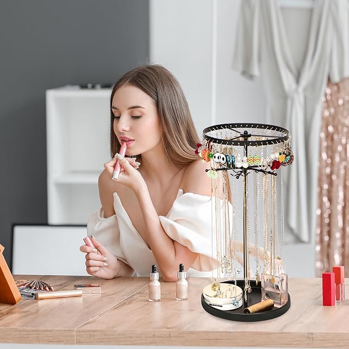 360 Rotating 2-Tier Jewelry Organizer Stand, Large Earring Holder Organizer with 48 Holes for Studs,24 Prongs for Necklaces, Wide Base for Bracelets, Watches, Lipstick, Jewelry Display Stand for Women