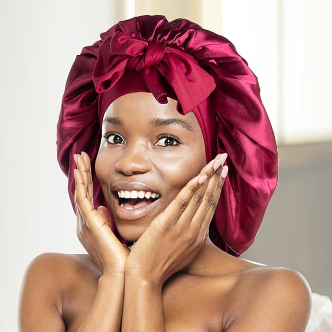 Arqumi Pack of 2 Satin Sleeping Bonnet, Large Sleep Bonnet with Elastic Long Strap, Adjustable Sleep Cap Hair Bonnet for Women & Men,Black+Red