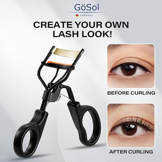 Eyelash Curler w/3 Replacement Pads (Soft/Medium/Firm) - Professional Lash Curler for Natural, Fake, Curly or Straight Lashes, Includes Protective Cover (Black)