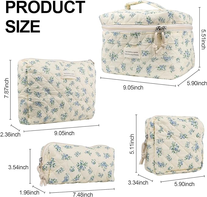 VIWIME Makeup Cosmetic Bag, Large Cotton Quilted Travel Coquette Aesthetic Cute Floral Make up Bag for Women Toiletry Bag Organizer (203- Blue Rose / 4Pcs)