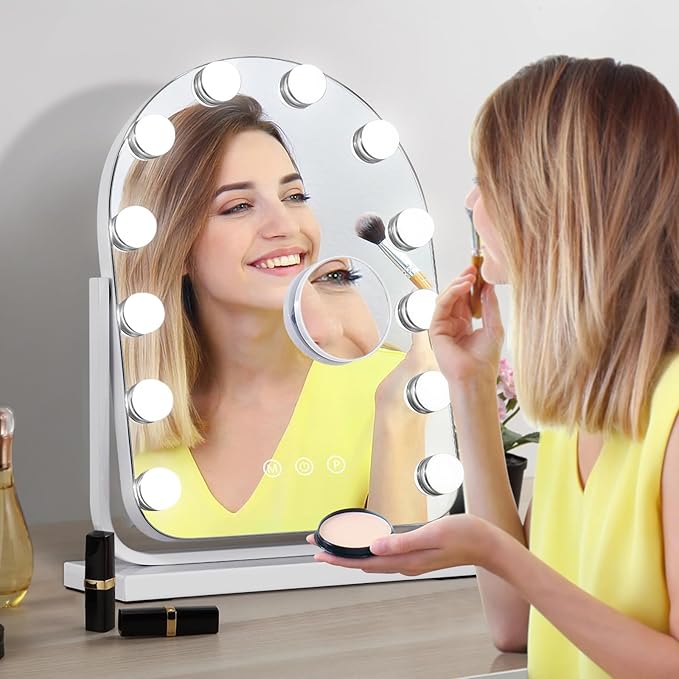 Makeup Mirror with Lights-3 Modes,Smart Touch Control,Detachable 10X Magnification,15.7"×11.8" Hollywood Vanity,360° Rotation (White)