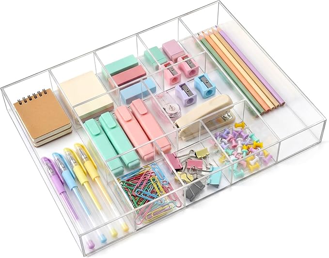 Large Acrylic Desk Deep Drawer Organizer with Adjustable Dividers, Anti-Skip Clear Desk Top Organizer Tray for Pens, Desktop, Office, Bathroom, Kitchen, Makeup Supplies(10 Compartments)