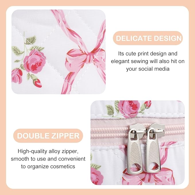 Makeup Bag for Women 3PCS Quilted Cotton Make Up Bag Travel Cosmetic Bag Large Makeup Bag Set Cute Bow Makeups Organizer Floral Toiletry Pouch for Purse, Pink