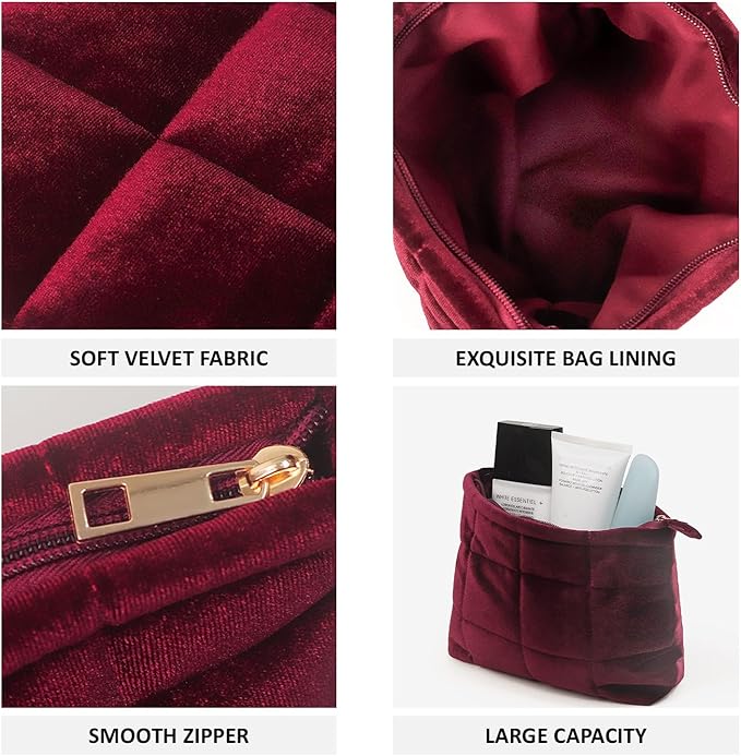 Puffy Quilted Makeup Bag, Cosmetic Bag, Travel Toiletry Organizer Pouch, Clutch for Women(Wine Red - Velvet)