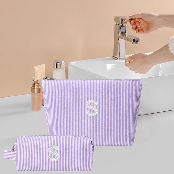 2 Pieces Makeup Bag Set Cute Cosmetic Pouch for Girls Women Stripe Travel Toiletry Bag Makeup Purse Pouch Aesthetic Skincare Brushes Storage Organizer for Christmas Women(Purple S)