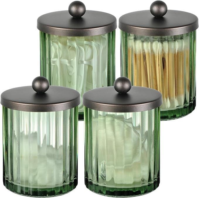 Amolliar Sage Green Glass Apothecary Jar With Metal Lid & Stickers, Bathroom Qtip Holder Dispenser for Cotton Swabs, Balls, Round Pads, Bath Salt, Floss, Countertop Canister Storage, Bronze 4 Pack