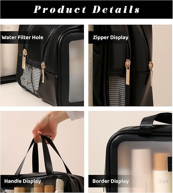 Large Travel Toiletry Bag with Dry Wet Separation–Waterproof Wash Bag for Man and Women, Clear & Matte shower bag for Gym, Overnight, Swimming, and Business Trips (Black)