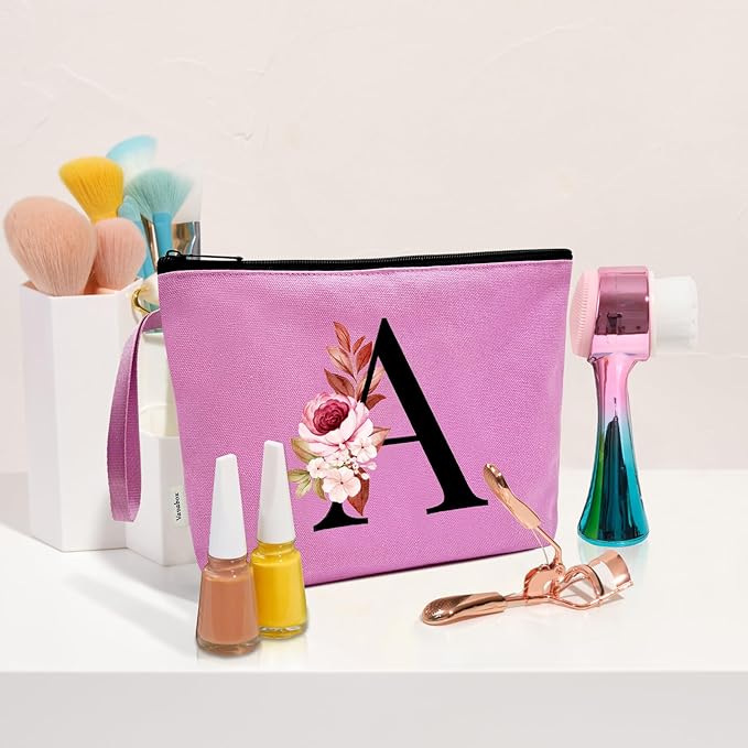 Vavabox A-Z Personalized Makeup Bag, Birthday Gifts for Women Mom, Gifts for Best Friend, Bride Bridesmaid Cosmetic bag (T, Purple)