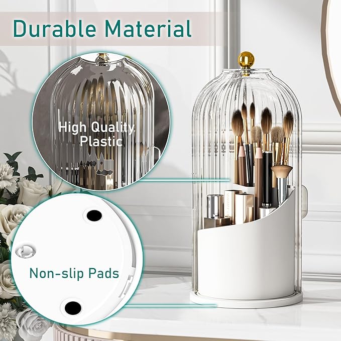 GAXmi Makeup Brush Holder with Lid Cosmetic Tools Organizer 360 Rotating Waterproof Dustproof Beauty Brushes Storage for Vanity, Transparent