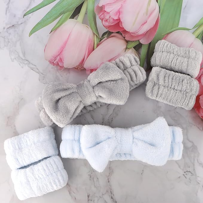 WHAVEL 6PCS Spa Headband and Wristbands Set, Face Wash Headband Wrist Bands for Washing Face Skincare Makeup Hair Band Skin Care Accessories Tools,Blue&Gray