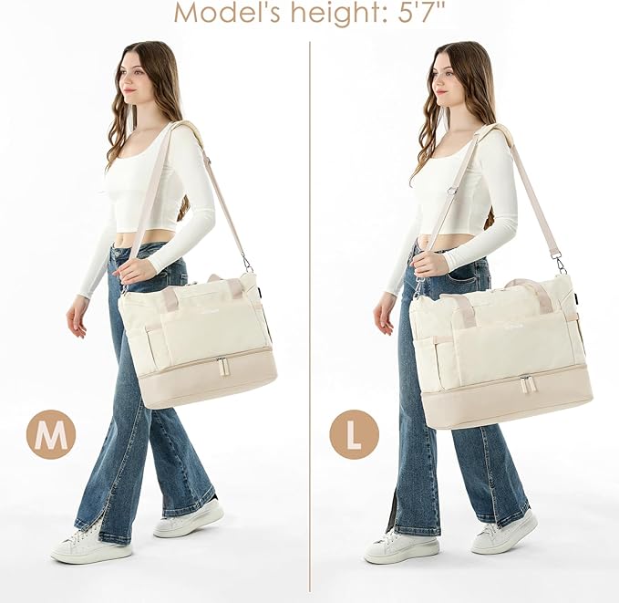 ETRONIK Gym Bag for Women, 45L Carry On Travel Duffel Bag with Shoes Compartment, Weekender Overnight Bag with Wet Pocket & USB Charging Port for Women, Travel, Gym, Weekend, Large Size (Khaki//Beige)