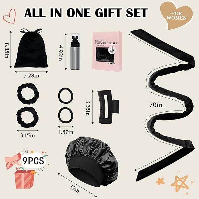 ZILAMPU No Heat Overnight Hair Curlers for Women - 70" Soft Headband Wrap with 9 Hair Rollers for Long Wavy Curls, Gift Set - Black