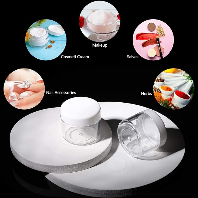 Refillable Cosmetic Sample Jars - 100 Pack 20g (0.7oz) White Small Travel Containers with Lids + 10 Mini Makeup Spatulas - BPA Free