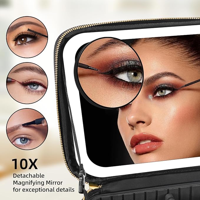 Makeup Bag with Mirror and Light 3 Colors, Travel Make up Bag with Mirror Portable Lighted Makeup Case Organizer Cosmetic Case with 2-Layers Adjustable Dividers & 10X Magnifying Mirror(Black)