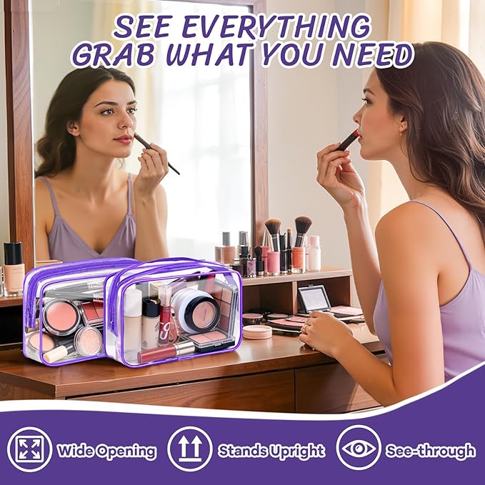 Clear Cosmetic Bag Transparent Makeup Bag for Women Men Waterproof Travel Makeup Clear Toiletry Organizer Cosmetic Storage Pouch Case with Zipper (12, Purple, Medium)